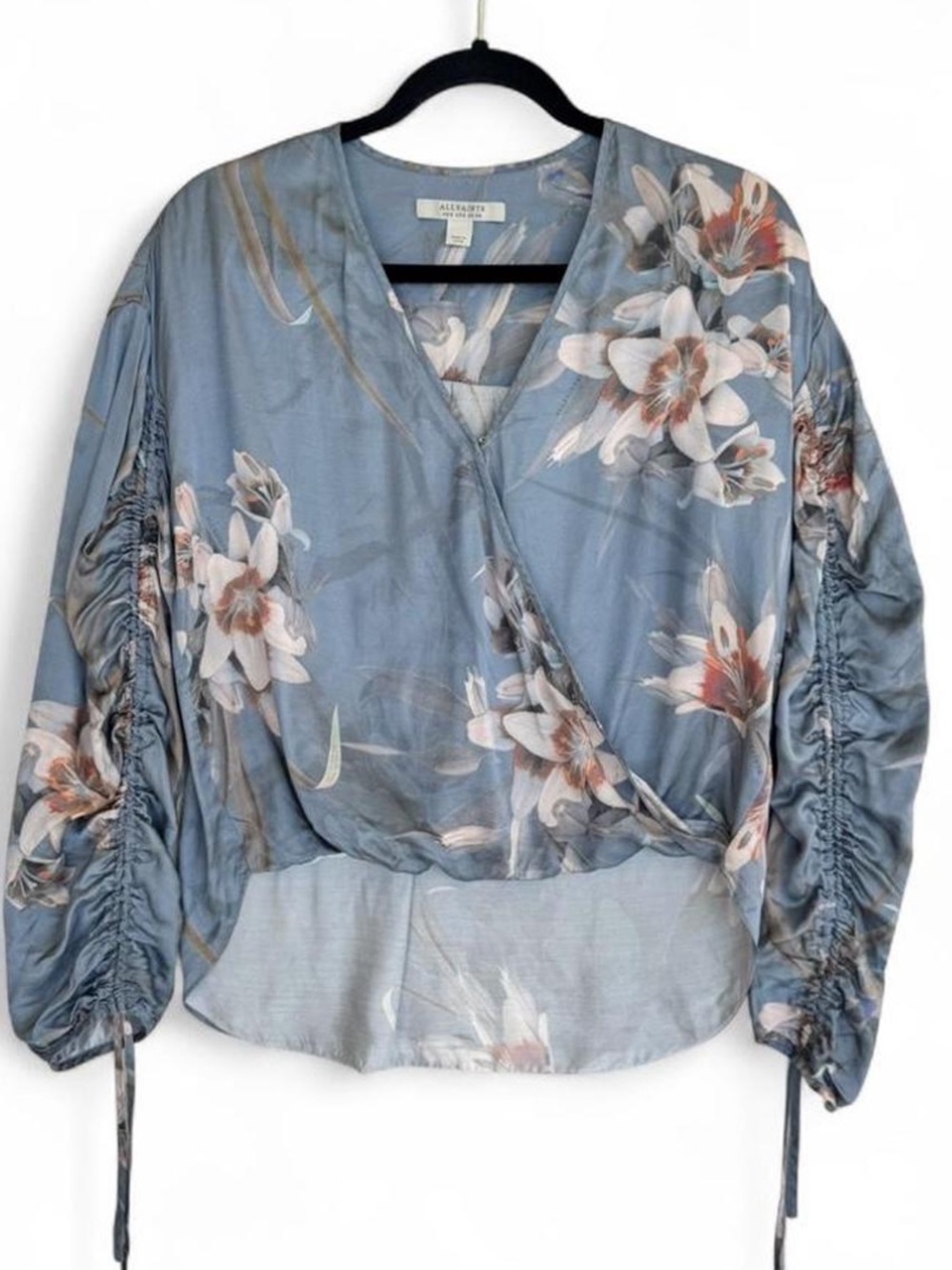 All Saints Blue Silk Blend Floral Wrap Blouse